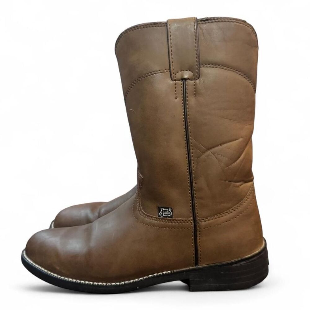 Justin Basics Brown Leather Roper Cowboy Boots Mens 8 B Western Pull On JBL3001